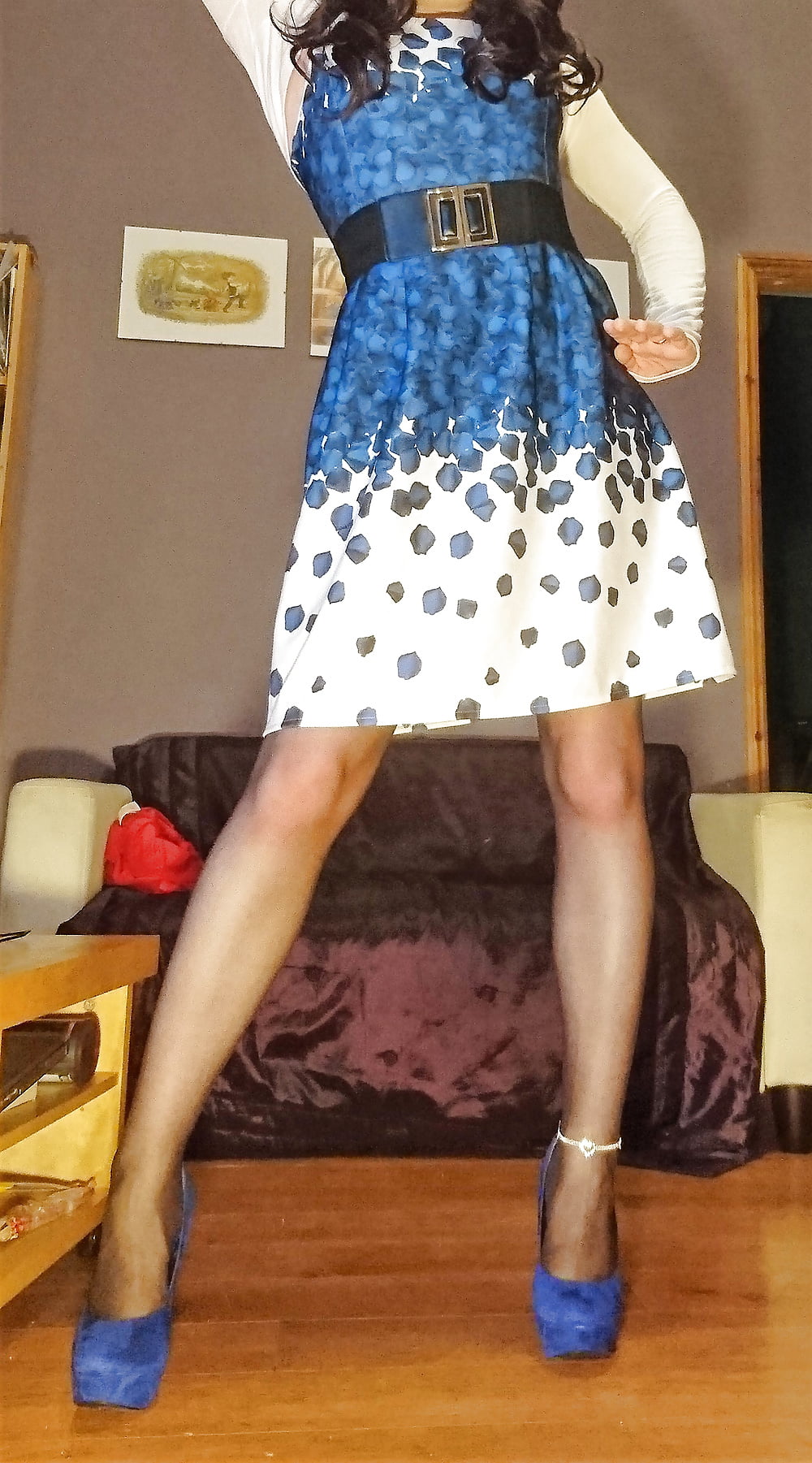 Marie Crossdresser Blue Dress And Sheer Pantyhose 4023443