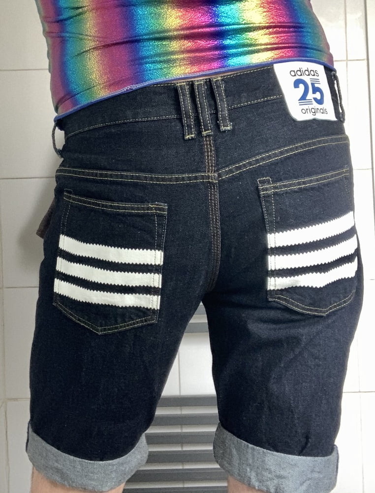 Adidas denim shorts hiding sexy vinyl swim jammers #91826289