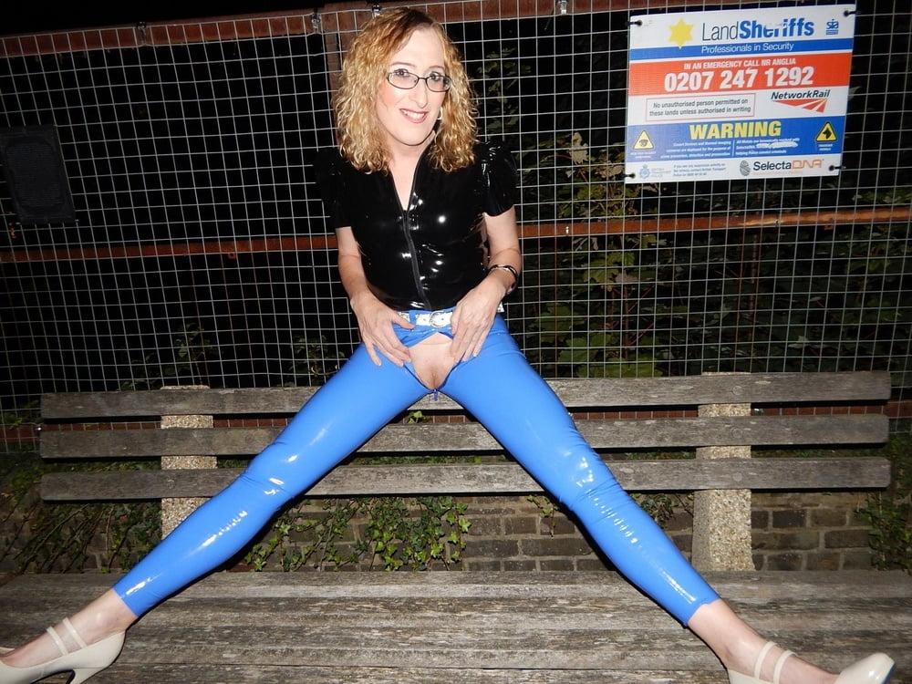 Public Flashing in Blue Latex Jeans and Black Latex Top #106757053