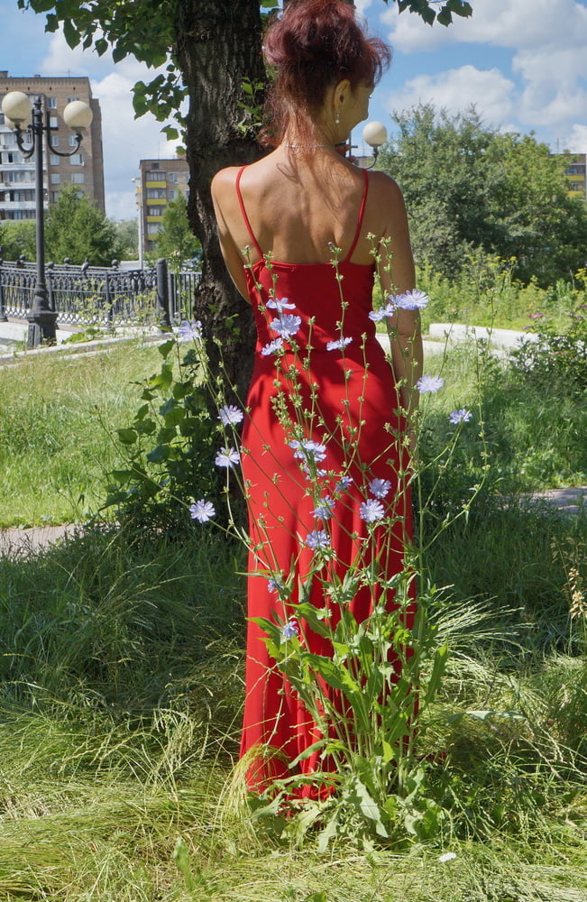 赤いドレスと緑の庭
 #106658027