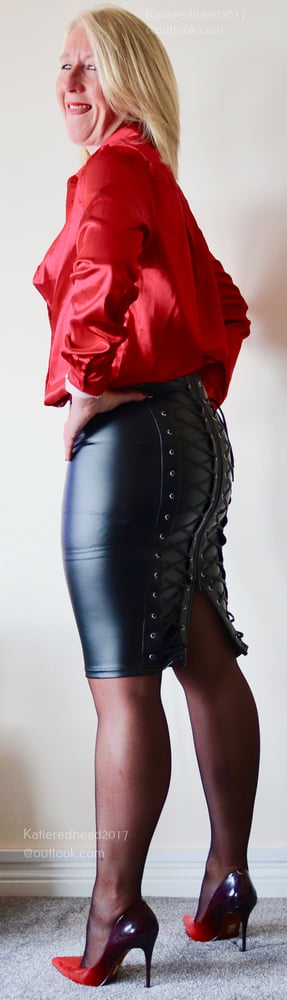 Katie red satin leather striptease #79872334