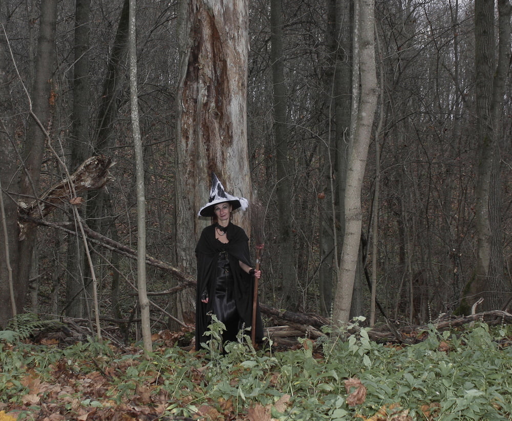 Witch with broom in forest #106868550