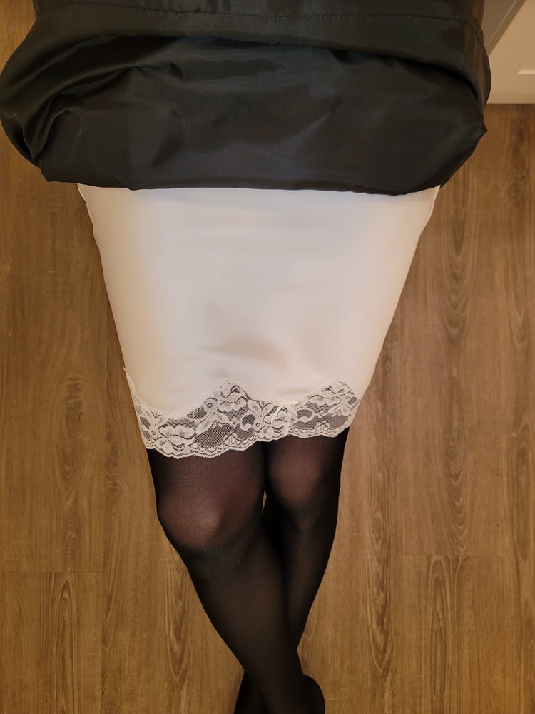 Leather Pencil Skirt with White Half Slip #107012317