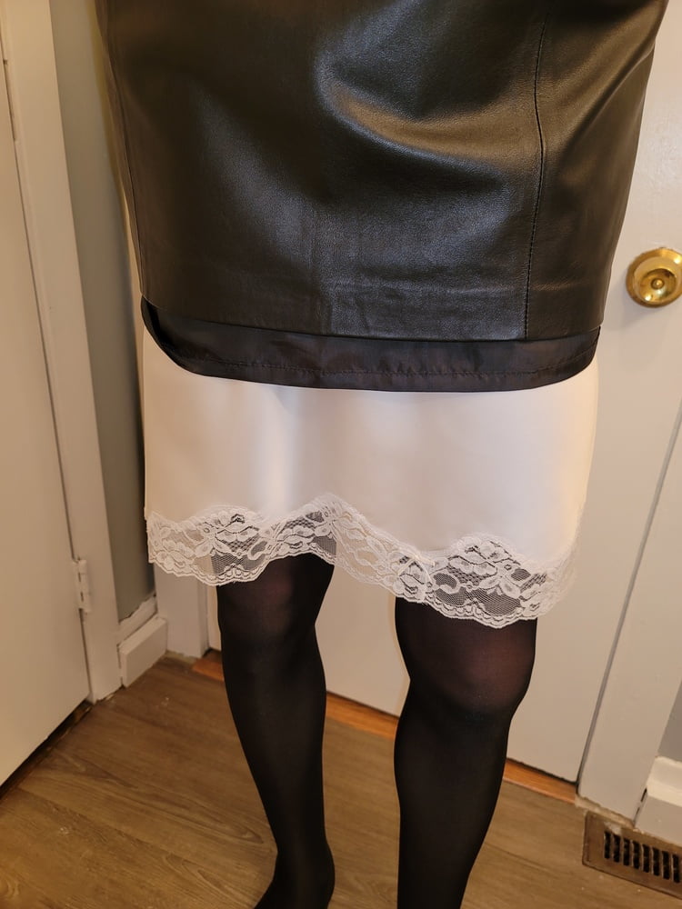 Leather Pencil Skirt with White Half Slip #107012324