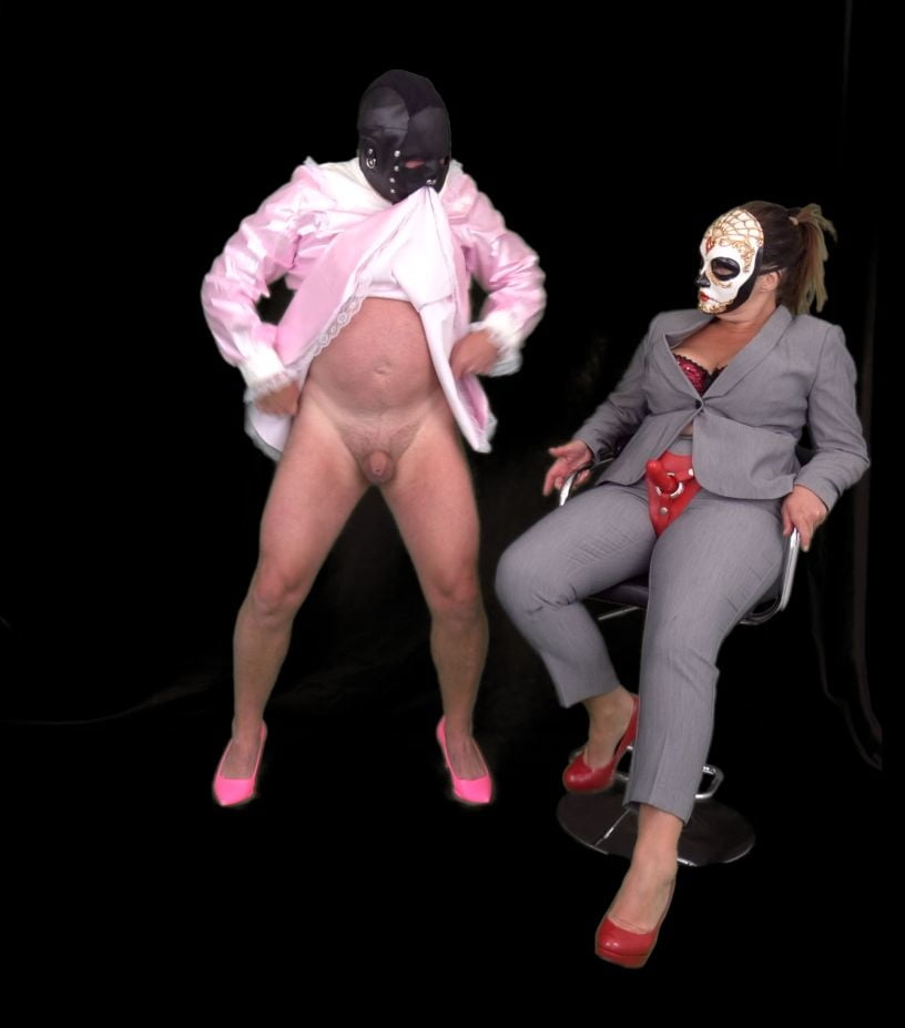 Femdom Mistress Humiliates Pink Sissy Slut Maid with Strapon #98670526