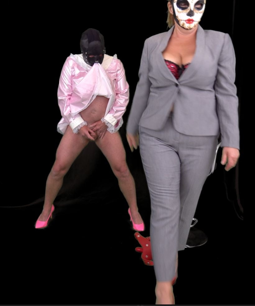 Femdom Mistress Humiliates Pink Sissy Slut Maid with Strapon #98670535