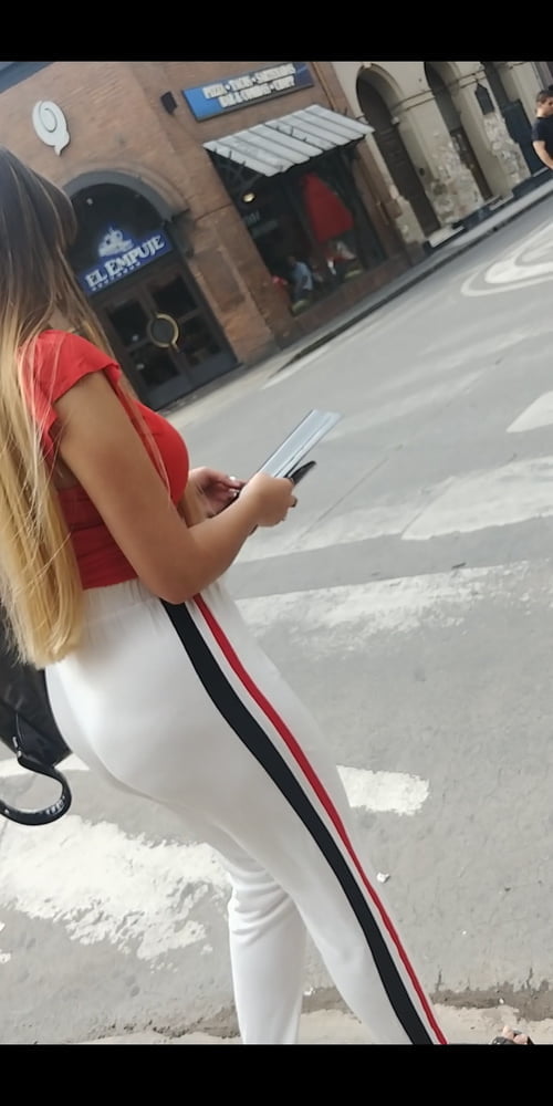 Blonde with checkered thong in white yoga pants #99800728