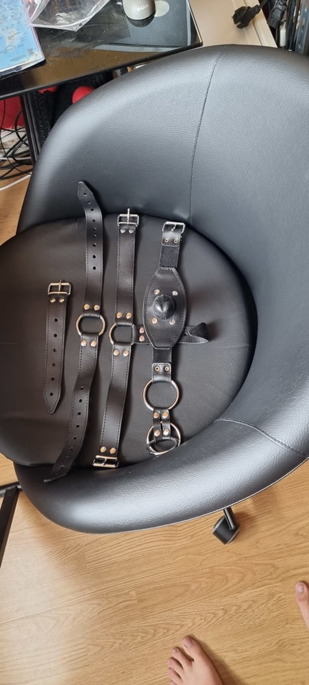 Luxury leather harness with anal plug and chastity cage #107086892