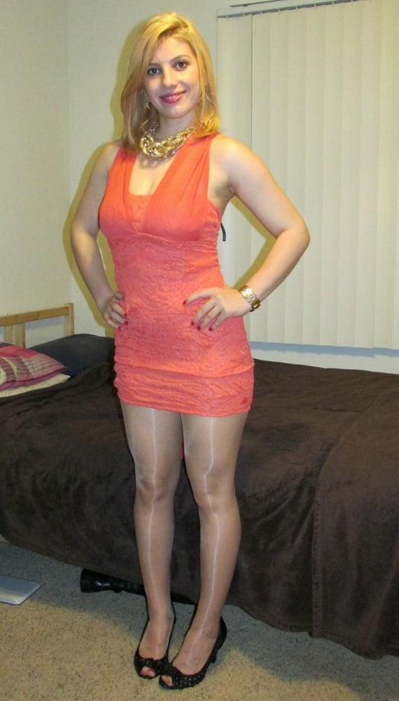NN blonde cutie Lana wearing shiny tan tights #89711768