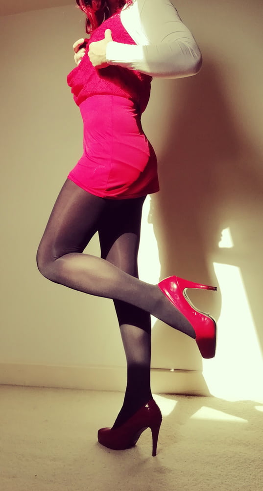 Marie crossdresser in red dress and opaque tights #106862625