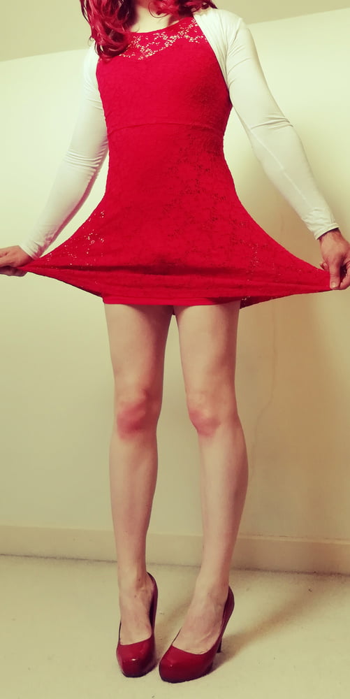 Marie crossdresser in red dress and opaque tights #106862629
