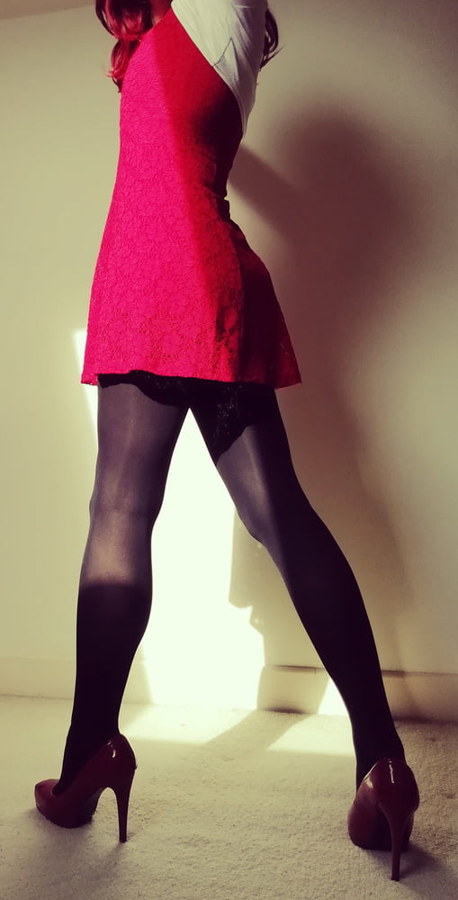 Marie crossdresser in red dress and opaque tights #106862631