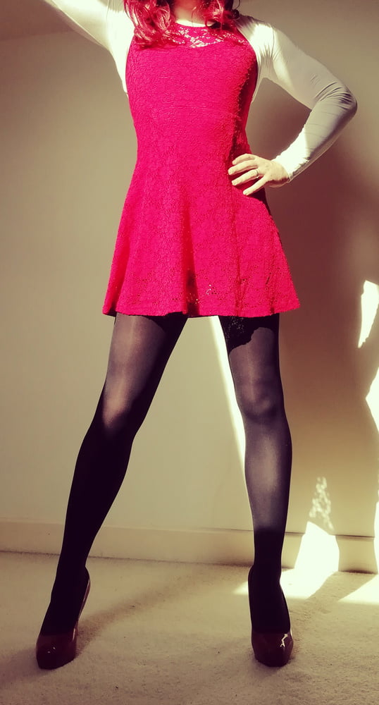 Marie crossdresser in red dress and opaque tights #106862633