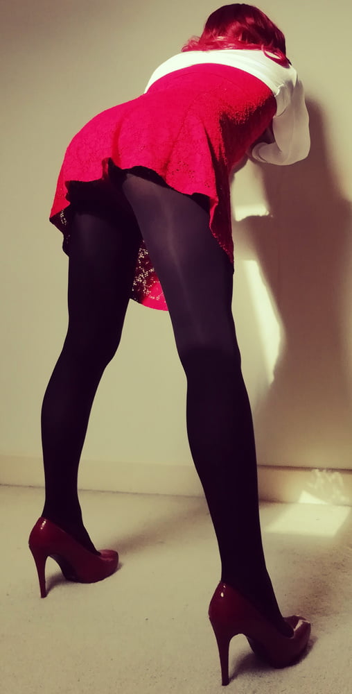 Marie crossdresser in red dress and opaque tights #106862635