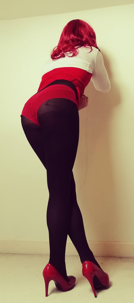 Marie crossdresser in red dress and opaque tights #106862637