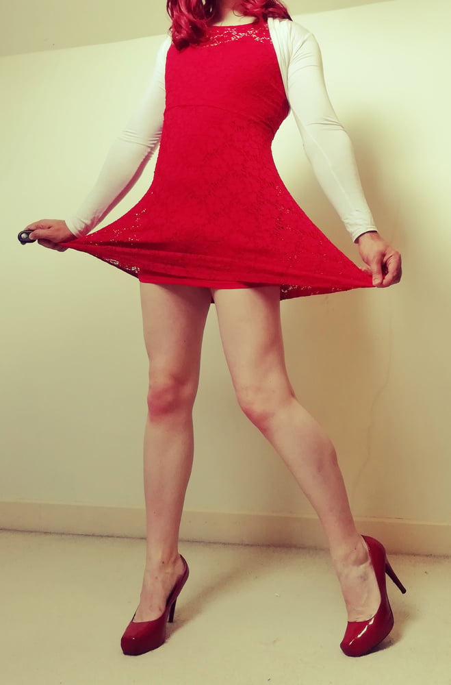 Marie crossdresser in red dress and opaque tights #106862641