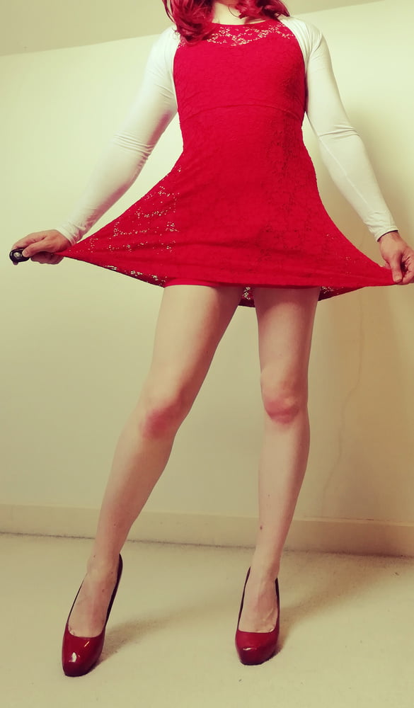 Marie crossdresser in red dress and opaque tights #106862643