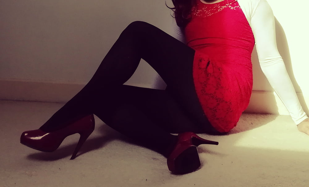 Marie crossdresser in red dress and opaque tights #106862645