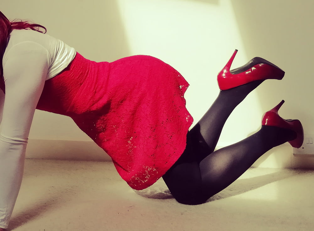 Marie crossdresser in red dress and opaque tights #106862651