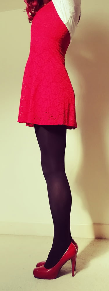 Marie crossdresser in red dress and opaque tights #106862654