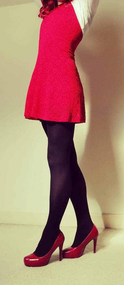 Marie crossdresser in red dress and opaque tights #106862655