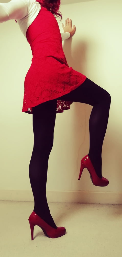 Marie crossdresser in red dress and opaque tights #106862656