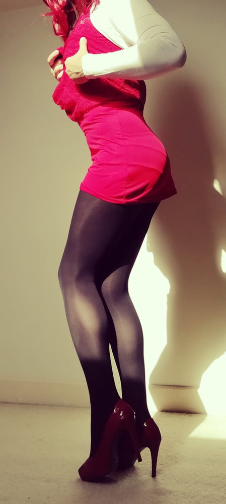 Marie crossdresser in red dress and opaque tights #106862658