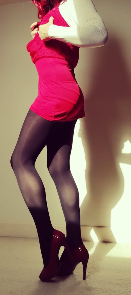 Marie crossdresser in red dress and opaque tights #106862659