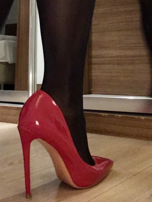 Shiny Black Tights & Red Heels #106972611