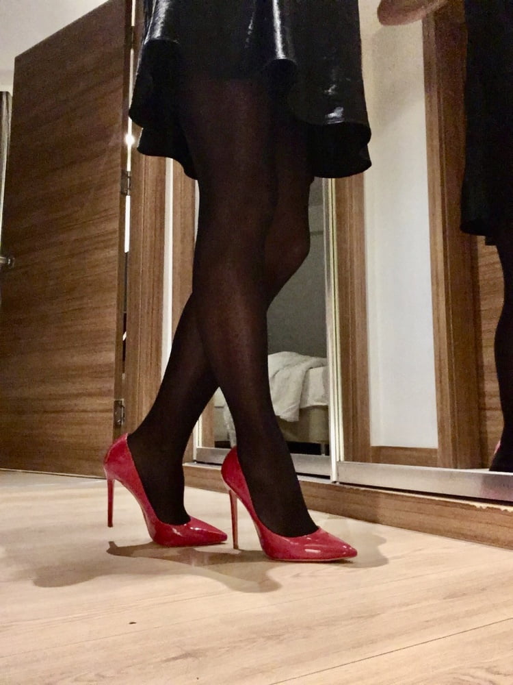 Shiny Black Tights & Red Heels #106972617