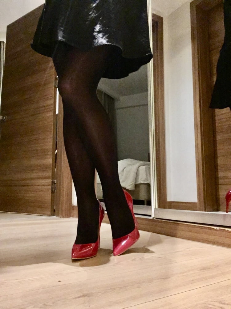 Shiny Black Tights & Red Heels #106972619