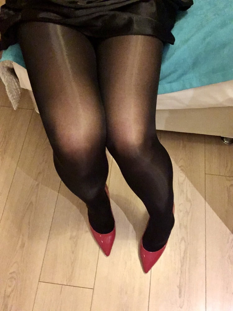 Shiny Black Tights & Red Heels #106972620