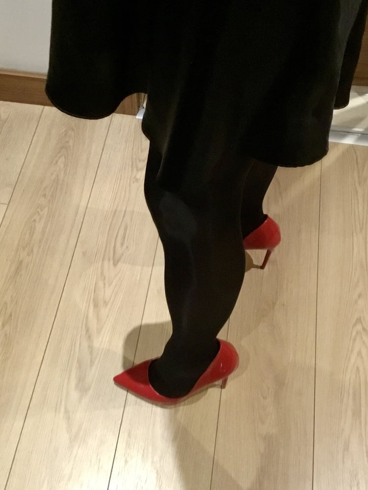 Shiny Black Tights & Red Heels #106972621