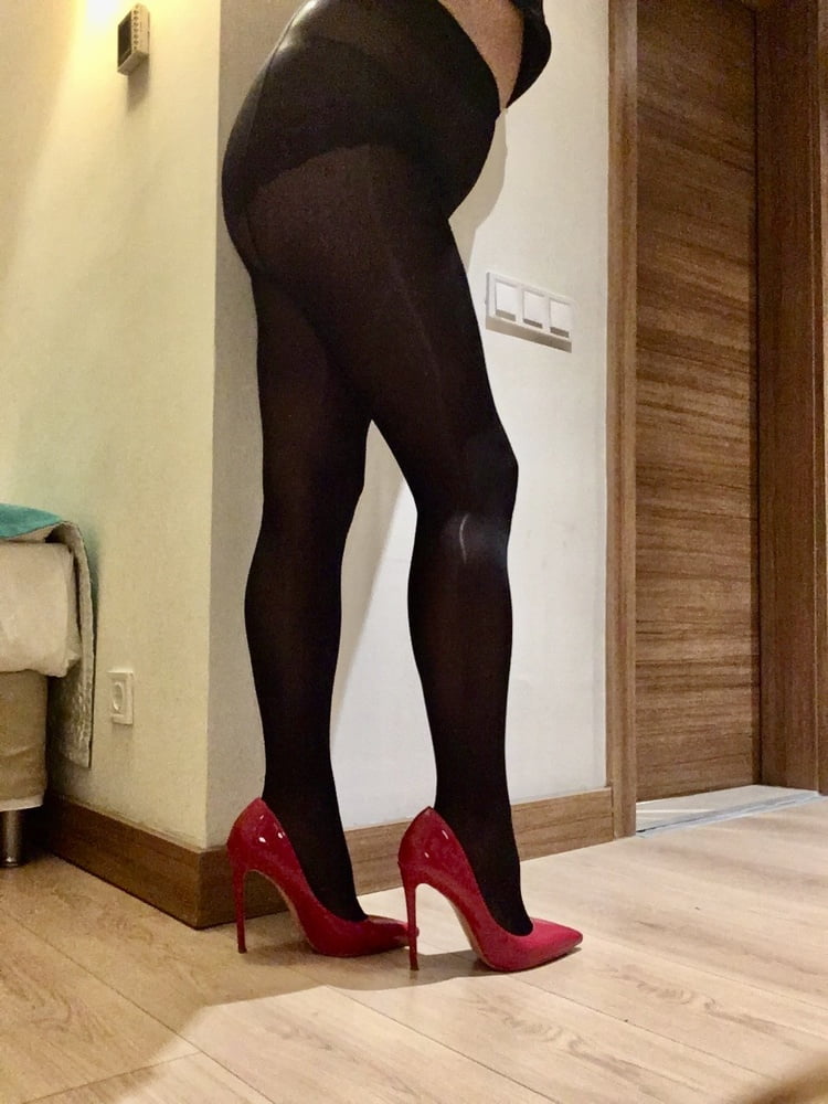 Shiny Black Tights & Red Heels #106972622