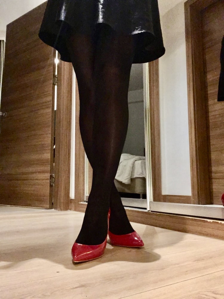 Shiny Black Tights & Red Heels #106972630