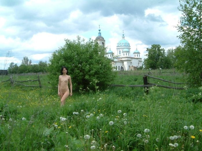 Brunette loves to walk naked in the fields #101977538