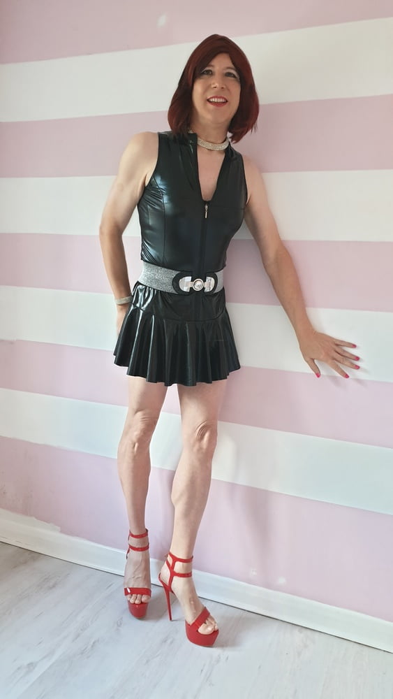 Sissy lucy showing off in wet look skater dress and chastity #106993613