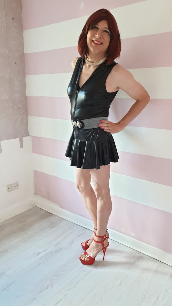 Sissy lucy showing off in wet look skater dress and chastity #106993617