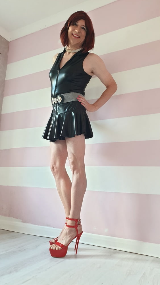 Sissy lucy showing off in wet look skater dress and chastity #106993619