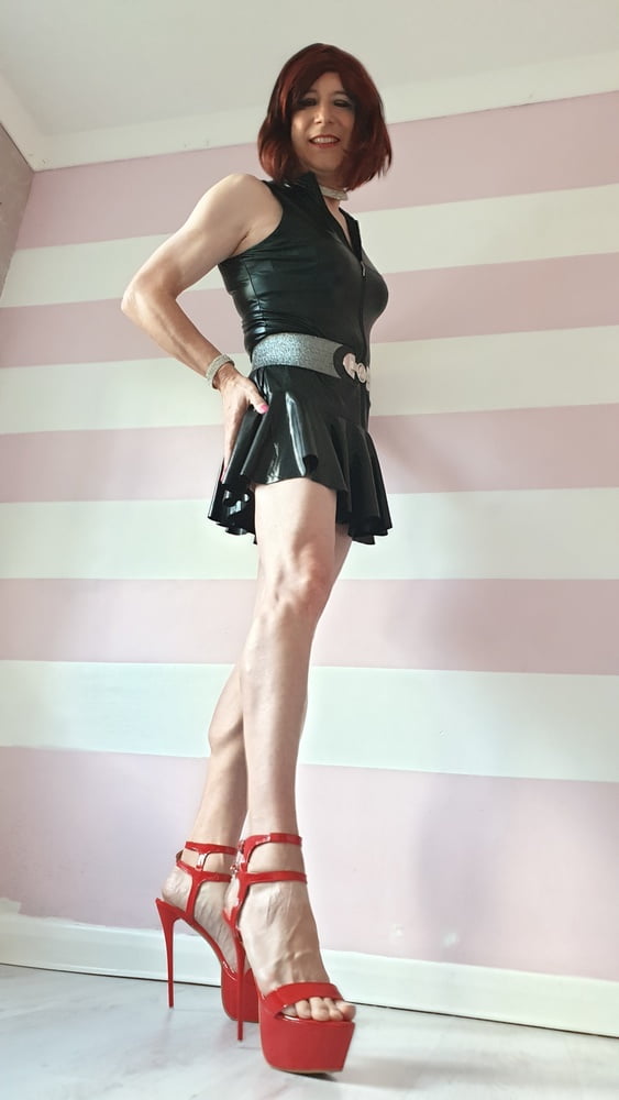 Sissy lucy showing off in wet look skater dress and chastity #106993622