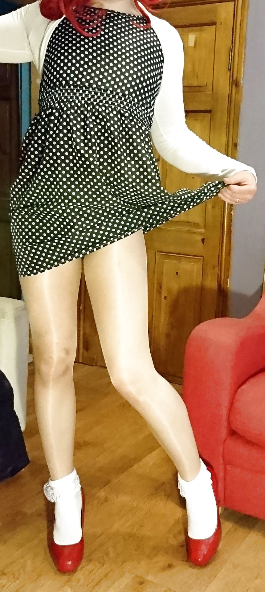 Marie crossdresser in polka-dots and frilly socks #106978437
