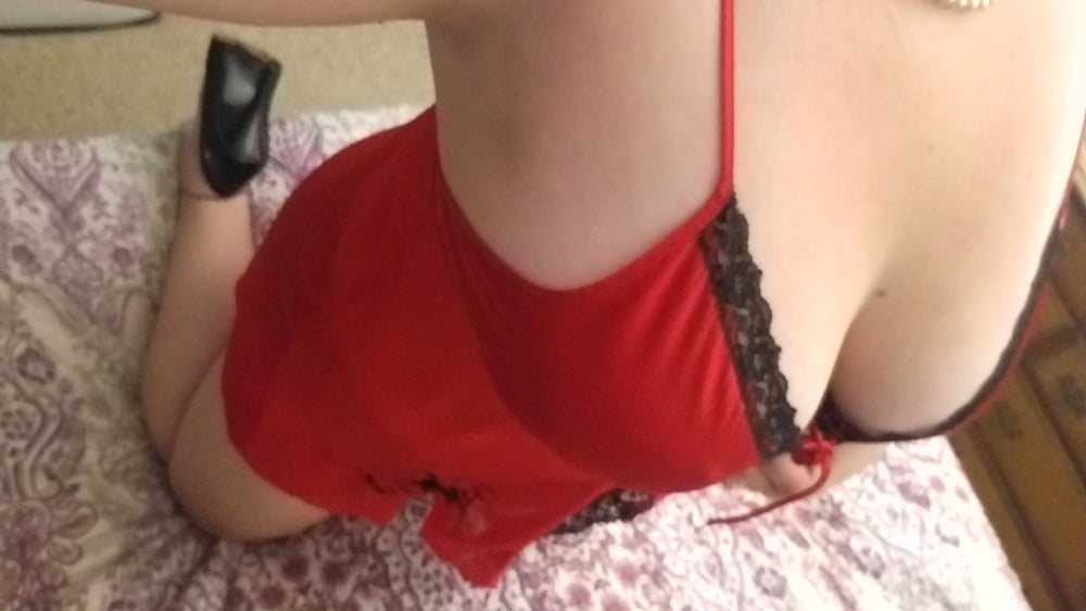 Naughty housewife tease black heels and red lingerie. Milf #106634458