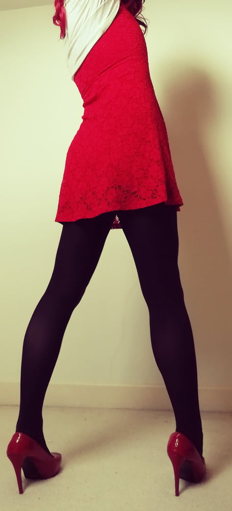 Marie crossdresser in red dress and opaque tights #106869131