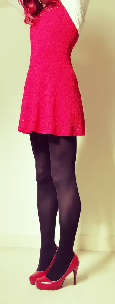 Marie crossdresser in red dress and opaque tights #106869133