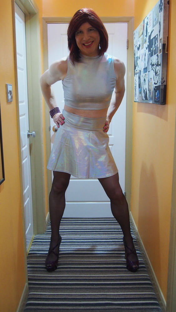 Sissy Lucy showing off her big cock in Silver skater skirt #106893799