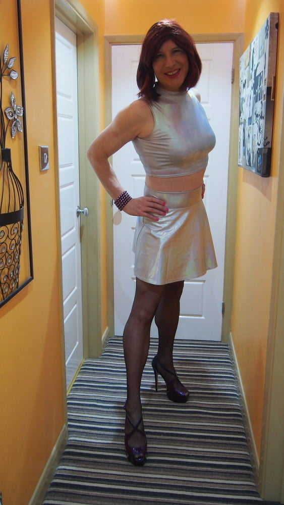 Sissy Lucy showing off her big cock in Silver skater skirt #106893800