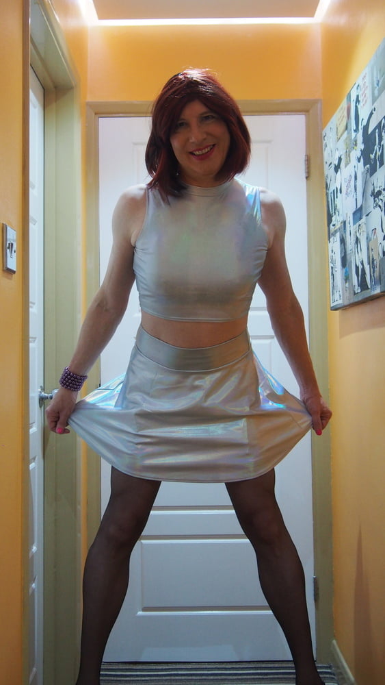 Sissy Lucy showing off her big cock in Silver skater skirt #106893803