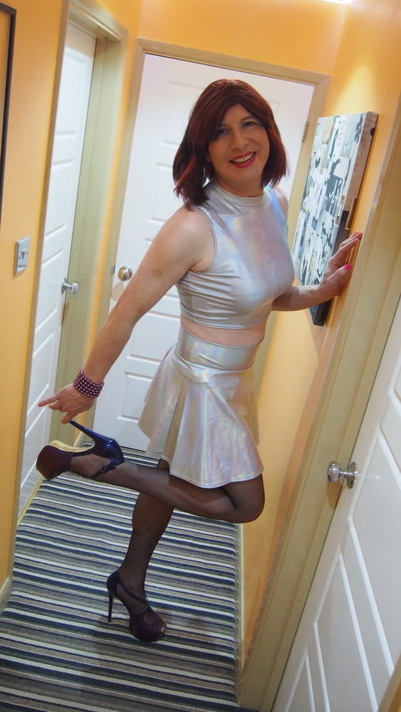 Sissy Lucy showing off her big cock in Silver skater skirt #106893807