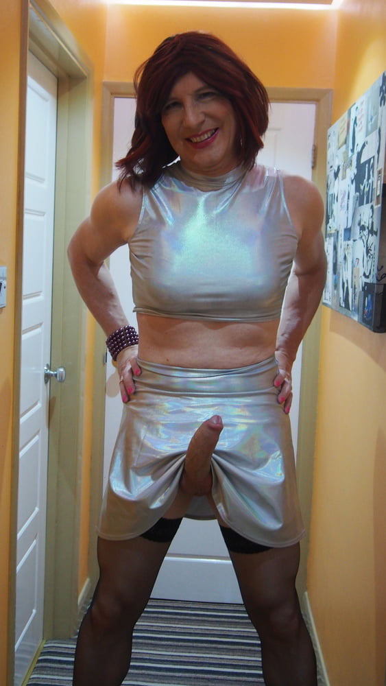 Sissy Lucy showing off her big cock in Silver skater skirt #106893846