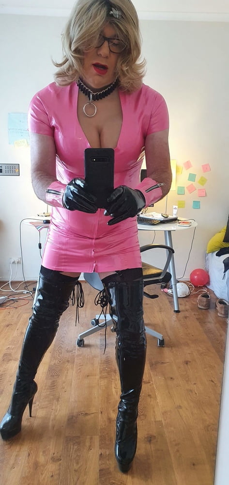 Rachel in pretty pink latex, black thigh boots #106926333